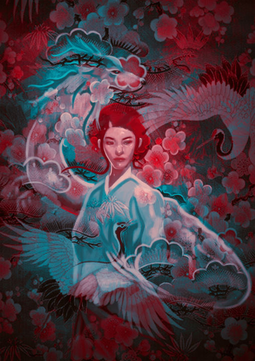 Arts numériques intitulée "Girl and the dragon" par Veuliah, Œuvre d'art originale, Peinture numérique