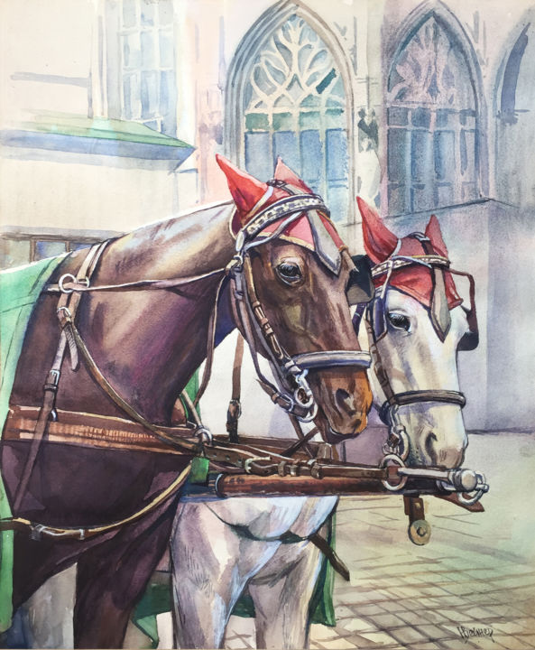 Painting titled "Vienna Horse cart" by Natalia Veyner, Original Artwork, Watercolor