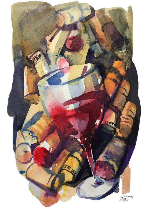 Painting titled "Glass of wine" by Natalia Veyner, Original Artwork, Watercolor