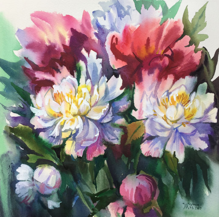 Peinture intitulée "Bouquet of peonies" par Natalia Veyner, Œuvre d'art originale, Aquarelle