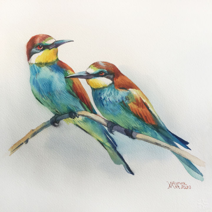 Malerei mit dem Titel "Bee-eats birds" von Natalia Veyner, Original-Kunstwerk, Aquarell