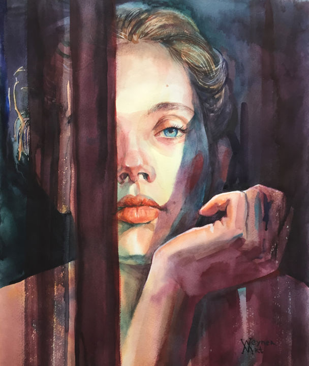 Painting titled "Female portrait. Ri…" by Natalia Veyner, Original Artwork, Watercolor