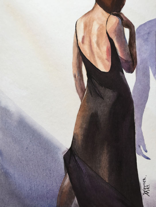 Painting titled "Woman in black dres…" by Natalia Veyner, Original Art, Watercolor