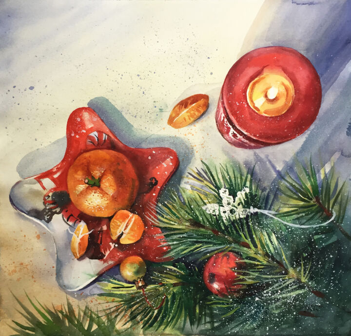 Painting titled "New Year. Christmas…" by Natalia Veyner, Original Artwork, Watercolor
