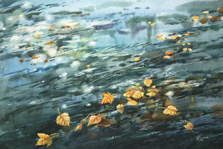 Schilderij getiteld "Autumn river. City…" door Natalia Veyner, Origineel Kunstwerk, Aquarel