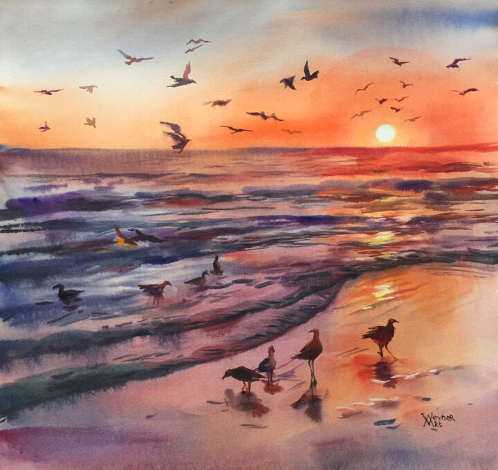 Картина под названием "Sunset at sea. Seas…" - Natalia Veyner, Подлинное произведение искусства, Акварель