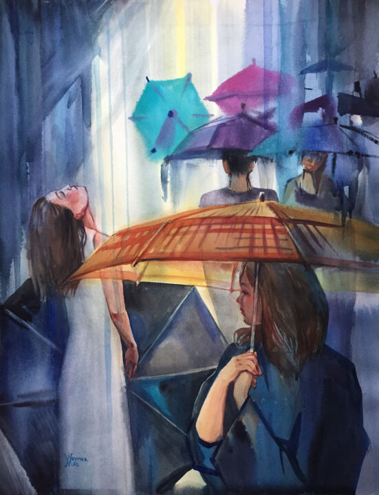 Painting titled "Rain. City landscap…" by Natalia Veyner, Original Artwork, Watercolor