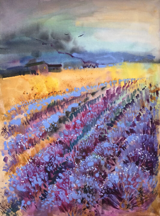 Painting titled "Lavender field. Abs…" by Natalia Veyner, Original Artwork, Watercolor