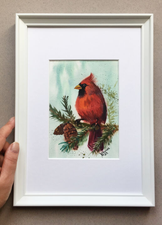 Painting titled "Red cardinal. Red b…" by Natalia Veyner, Original Artwork, Watercolor