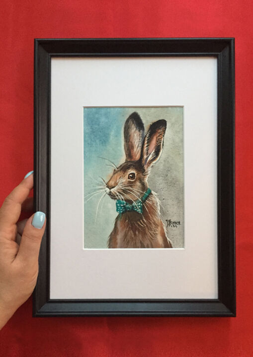 Painting titled "Hare in a bow tie.…" by Natalia Veyner, Original Artwork, Watercolor