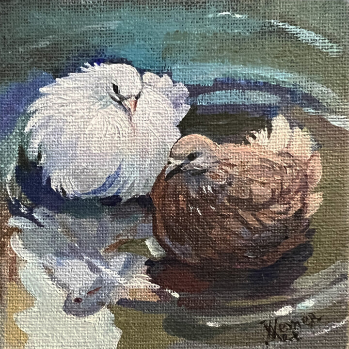 Painting titled "Two pigeons in a pu…" by Natalia Veyner, Original Artwork, Oil