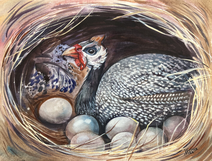 Painting titled "Guinea fowl in the…" by Natalia Veyner, Original Artwork, Watercolor