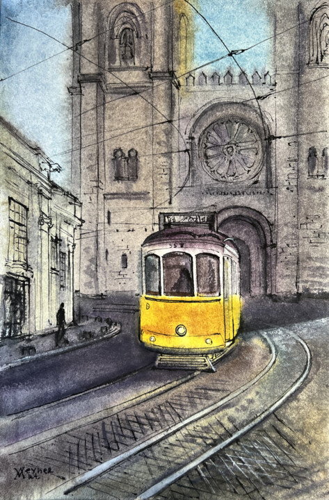 Schilderij getiteld "Lisbon. Tram number…" door Natalia Veyner, Origineel Kunstwerk, Aquarel