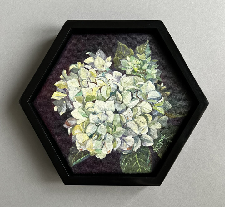 Painting titled "White hydrangea. Bo…" by Natalia Veyner, Original Artwork, Oil Mounted on Wood Stretcher frame