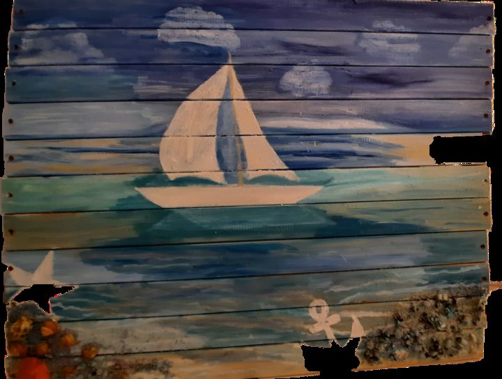 Peinture intitulée "Voilier en mer et c…" par Véronique Fermé, Œuvre d'art originale, Huile