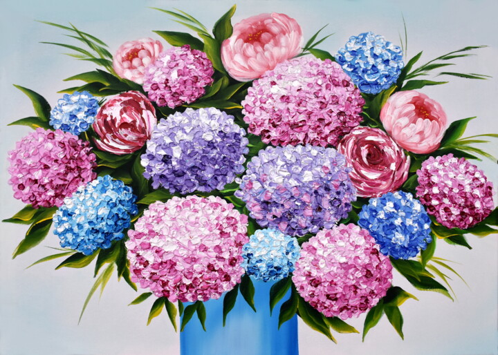 Pittura intitolato "Hydrangea Bouquet t…" da Eva Pearl, Opera d'arte originale, Acrilico Montato su Telaio per barella in le…