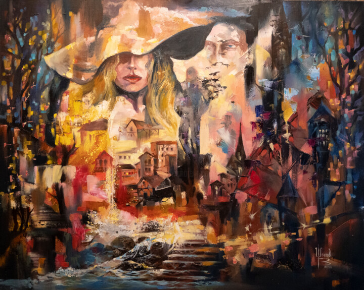 Painting titled "Старые истории горо…" by Viacheslav Shustov, Original Artwork, Oil Mounted on Wood Stretcher frame