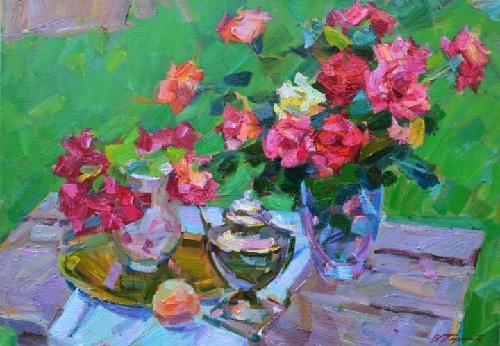 Картина под названием "розовые розы" - Viacheslaw Pereta, Подлинное произведение искусства, Масло