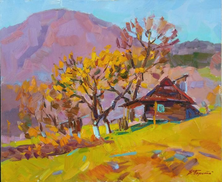 Painting titled "Maison à la montagne" by Viacheslaw Pereta, Original Artwork, Oil