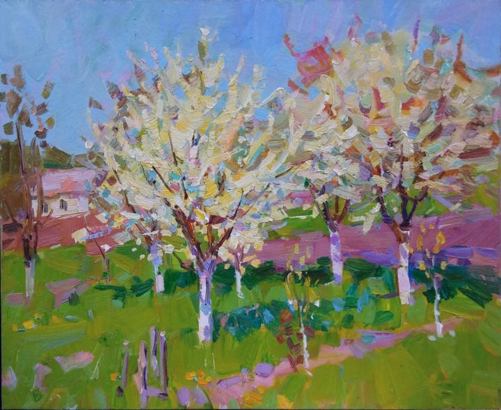Картина под названием "весенний сад" - Viacheslaw Pereta, Подлинное произведение искусства, Масло