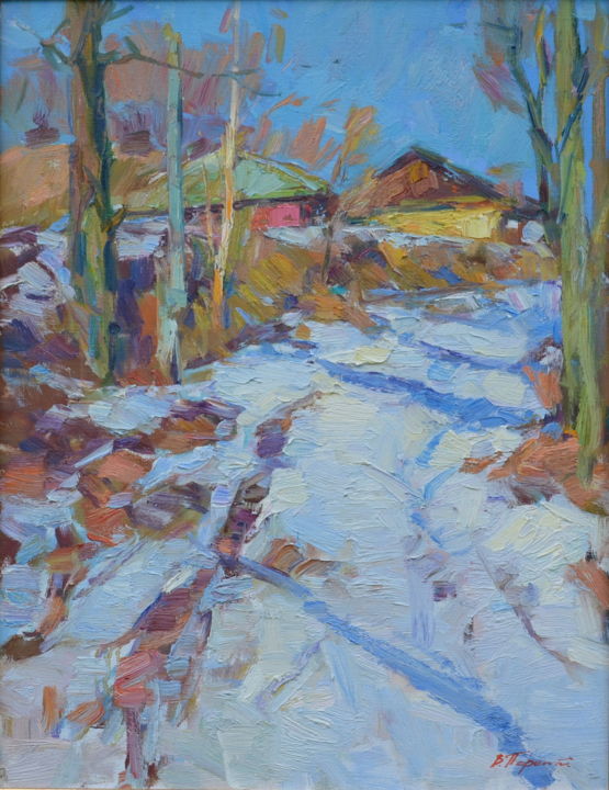 Картина под названием "Снежная дорога" - Viacheslaw Pereta, Подлинное произведение искусства, Масло
