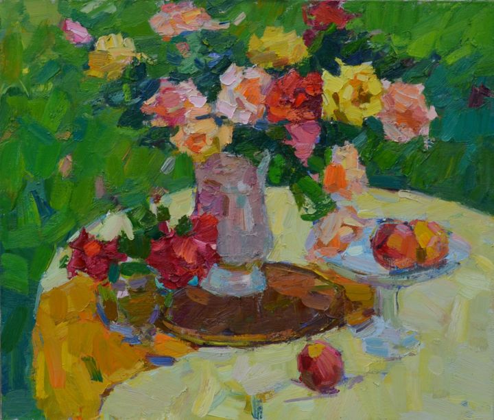 Painting titled "розы на столе" by Viacheslaw Pereta, Original Artwork, Oil