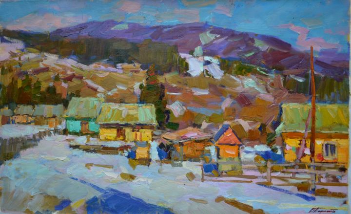 Картина под названием "зима в деревне" - Viacheslaw Pereta, Подлинное произведение искусства, Масло