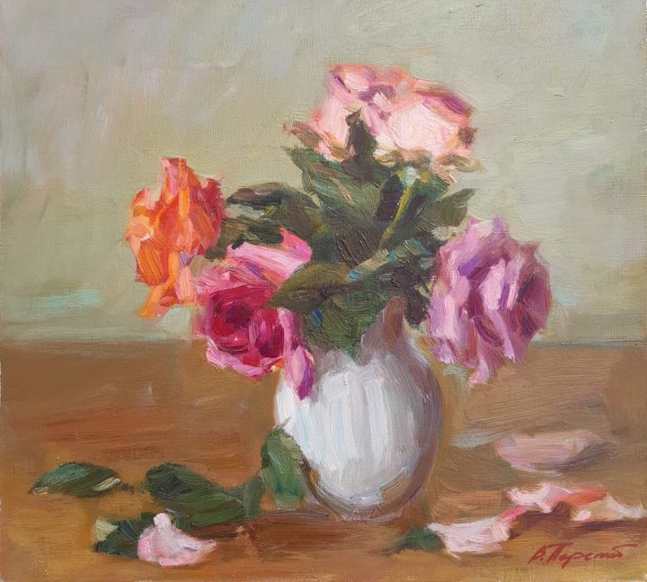 Schilderij getiteld "a bunch of roses" door Viacheslaw Pereta, Origineel Kunstwerk, Olie