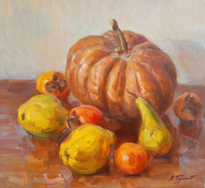 Painting titled "pumpkin and fruit" by Viacheslaw Pereta, Original Artwork, Oil