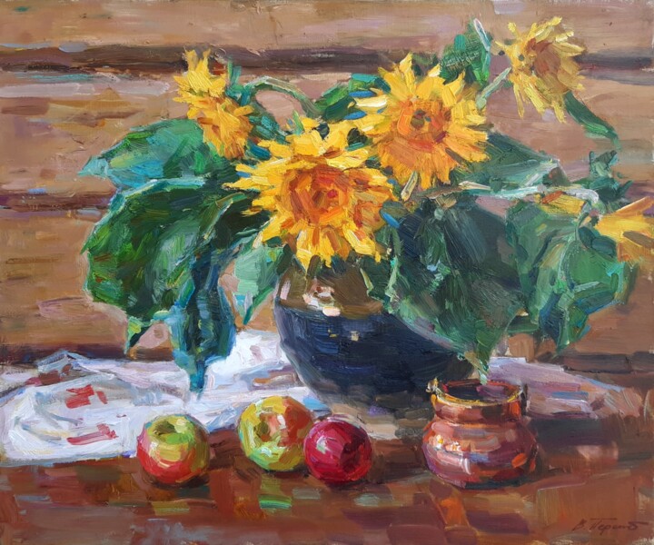 Painting titled "tournesols" by Viacheslaw Pereta, Original Artwork, Oil Mounted on Wood Stretcher frame