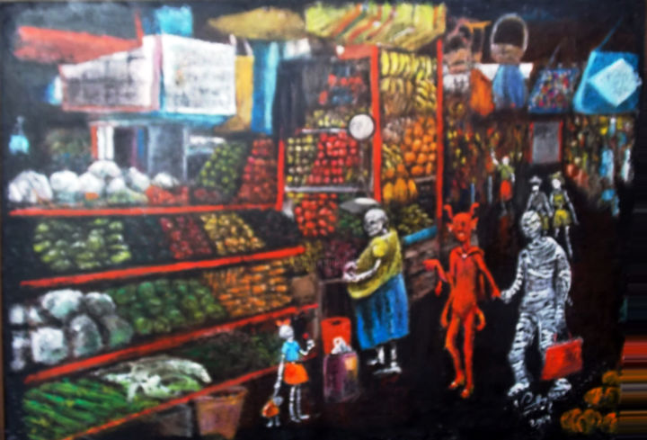 Painting titled "Mercado Benito Juár…" by Vicente Portillo O Vincent Of Houston, Original Artwork, Acrylic