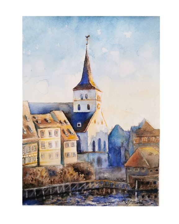 Painting titled "Evening Strasbourg" by Victoria Z, Original Artwork, Watercolor