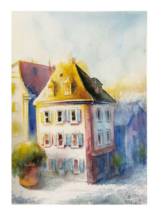 Painting titled "Evening light in th…" by Victoria Z, Original Artwork, Watercolor