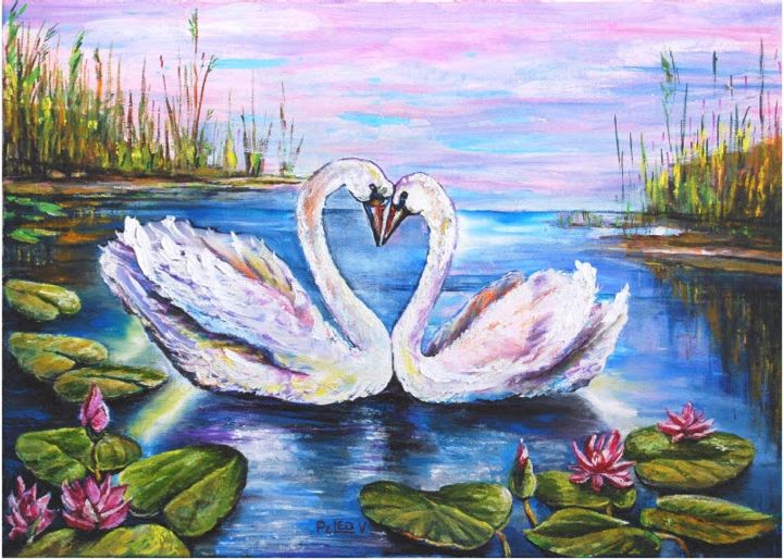 Painting titled "Swans" by Painter Victor Peled, Original Artwork