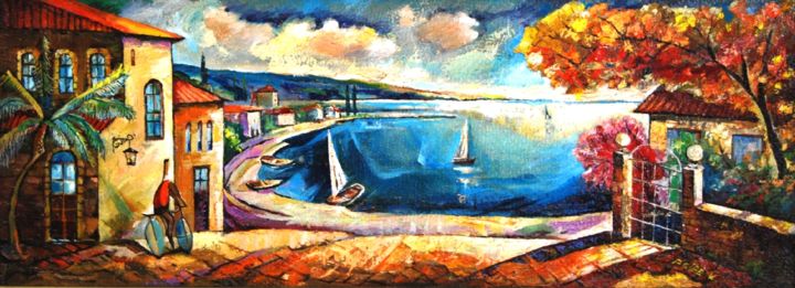 Peinture intitulée "The seaside town" par Painter Victor Peled, Œuvre d'art originale, Huile