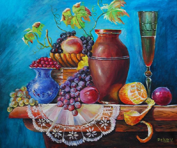 Peinture intitulée "still-life-with-gra…" par Painter Victor Peled, Œuvre d'art originale