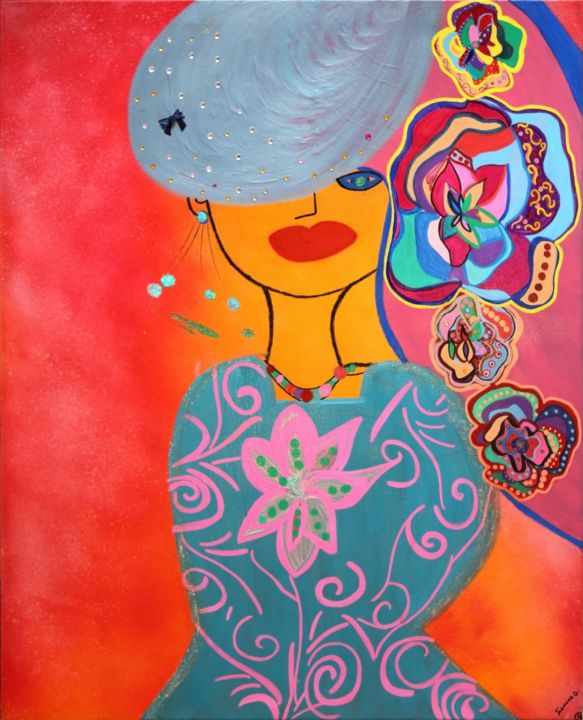 Painting titled "LA FEMME AUX CHAPEA…" by Victoire Agathe Celestine, Original Artwork, Acrylic