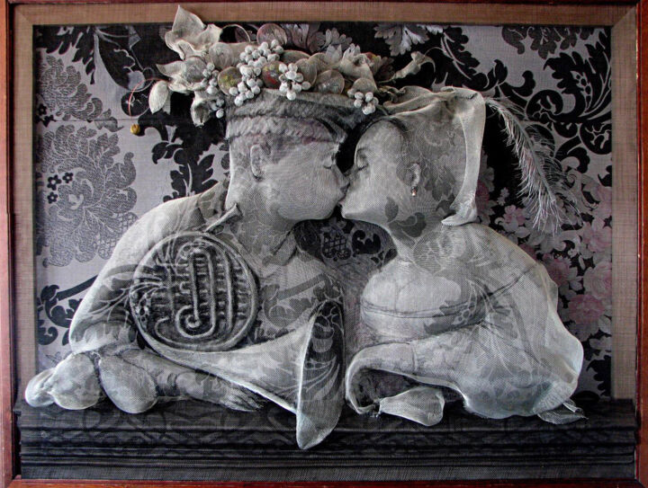 Картина под названием "Kiss 3" - Victor Grigoryan, Подлинное произведение искусства, проволочный Установлен на Деревянная па…