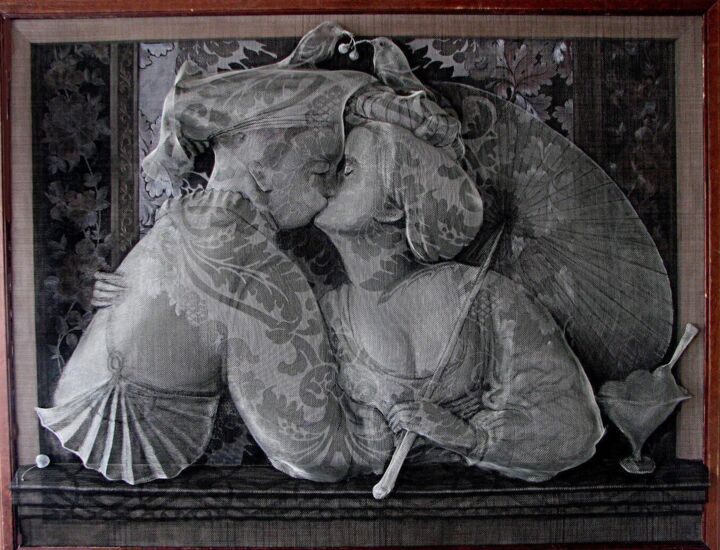 Peinture intitulée "Kiss 4" par Victor Grigoryan, Œuvre d'art originale, Fil de fer Monté sur Panneau de bois