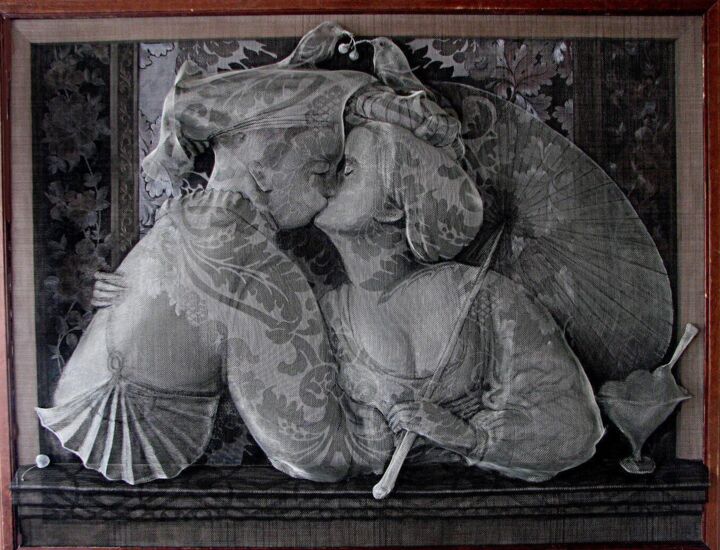 Malerei mit dem Titel "Kiss 4" von Victor Grigoryan, Original-Kunstwerk, Draht Auf Holzplatte montiert