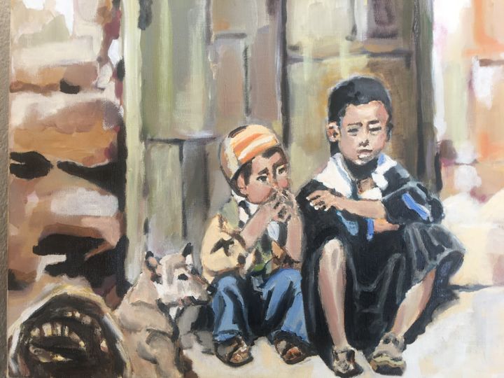 Painting titled "Enfants du Tibet" by Victor Lumbroso, Original Artwork, Oil