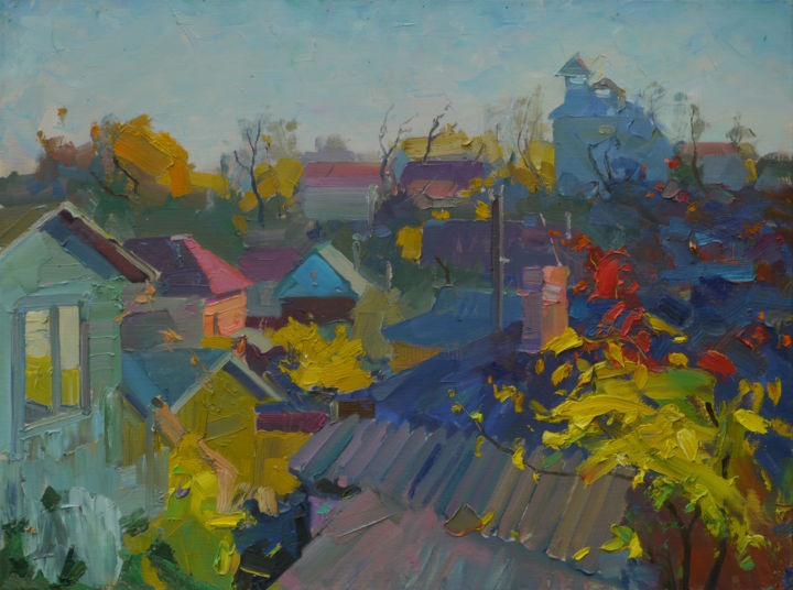 Painting titled "Roofs of Leskovitsa…" by Victor Onyshchenko, Original Artwork, Oil