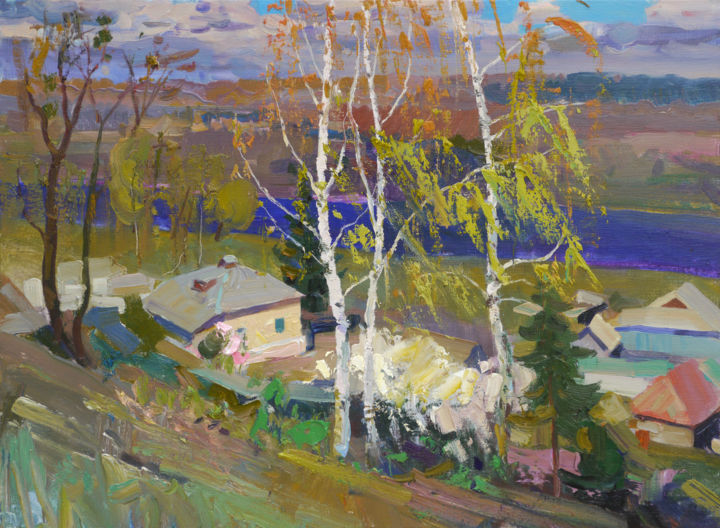 Painting titled "Birch trees in April" by Victor Onyshchenko, Original Artwork, Oil Mounted on Wood Stretcher frame