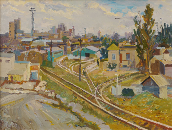 Painting titled "Old railroad" by Victor Onyshchenko, Original Artwork, Oil