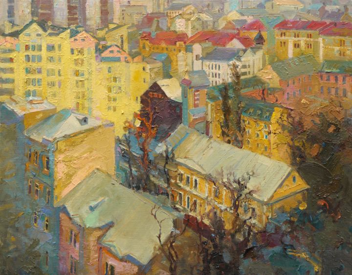Painting titled "Podil. Kyiv" by Victor Onyshchenko, Original Artwork, Oil