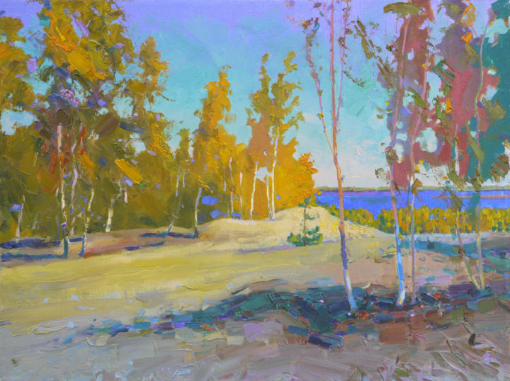 Painting titled "Autumn near the Dni…" by Victor Onyshchenko, Original Artwork, Oil