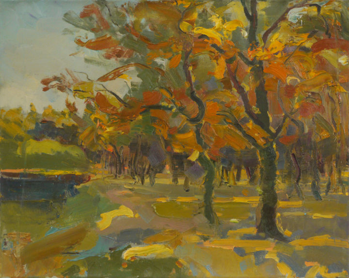Painting titled "Autumn in the park" by Victor Onyshchenko, Original Artwork, Oil