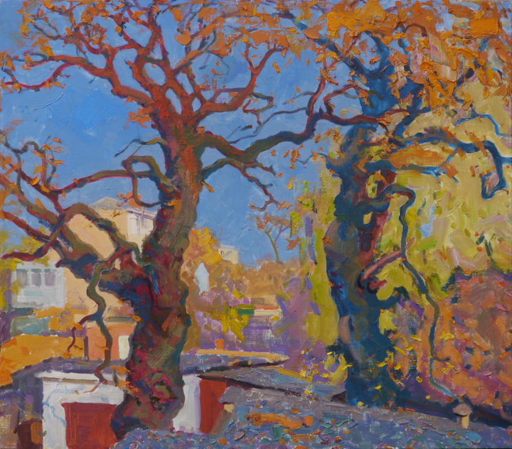 Painting titled "Oaks of my childhood" by Victor Onyshchenko, Original Artwork, Oil