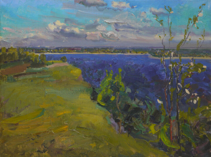 Painting titled "Dnieper river in sp…" by Victor Onyshchenko, Original Artwork, Oil