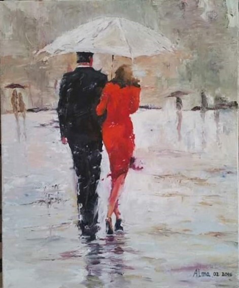 Pintura intitulada "Couple sous la pluie" por Victor Santos, Obras de arte originais, Óleo
